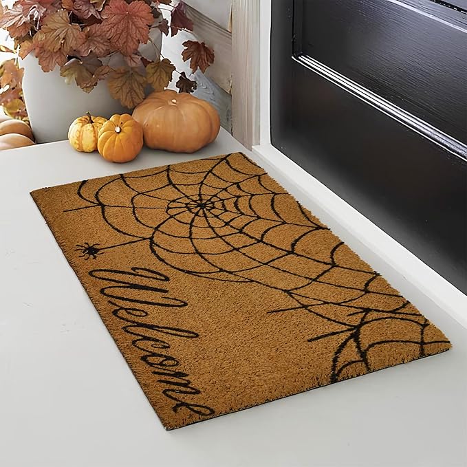 Coir Mat Spider Web Design- 17X30" - Beige and Black - India Wholesale Co.