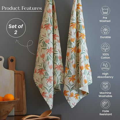 Set of 2 Pointed Floral Printed Kitchen Towel 18" x28", 100% Fresh cotton, Yellow & Mint