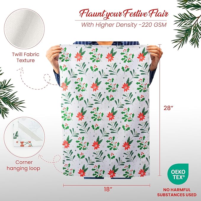 Set of 2 Xmas tree Printed Kitchen Towel 18" x28", 100% Fresh cotton, Olive Green & Red