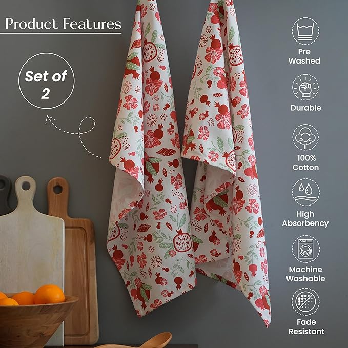 Set of 2 Pomegranate Printed Kitchen Towel 18" x28" , 100% Fresh cotton, Sage & Peppery red