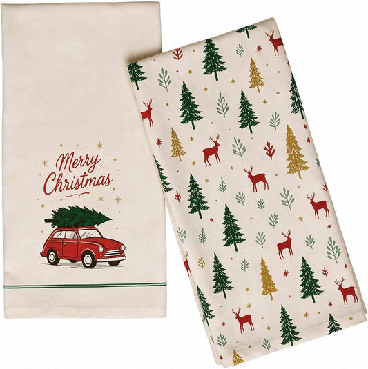 Pinted 100% Cotton Merry Christmas Kitchen Towels, Set of 2, 18x28"