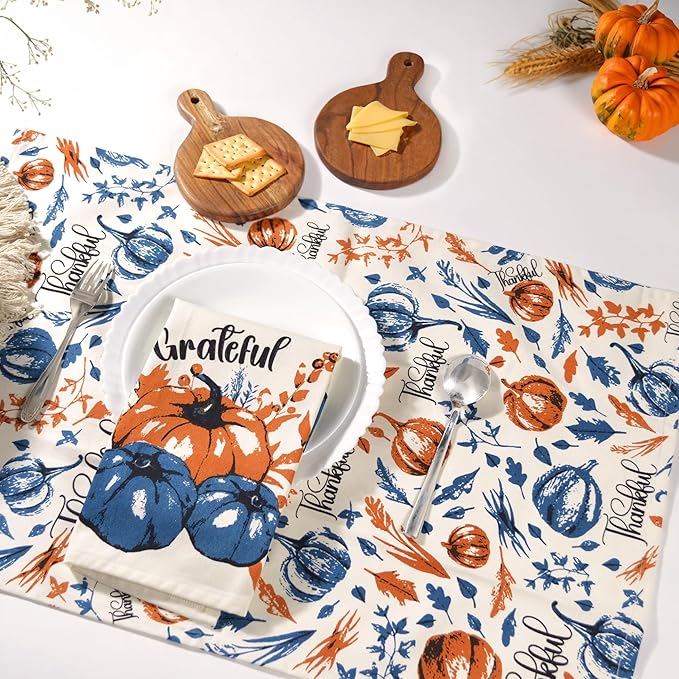 Set of 2 Thankful & Grateful Printed Dish Towels, 18" x28", 100% Cotton, Blue & Orange - India Wholesale Co.