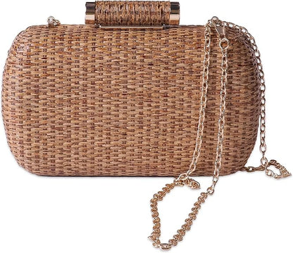Handwoven Straw Clutch Purse with Chains, 7.5x5 inch