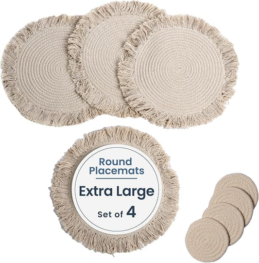 Ivory Braided Solid Placemat with fringes set of 4 (13" + with 2" fringes) +4 Coasters (4")- Recycle Cotton