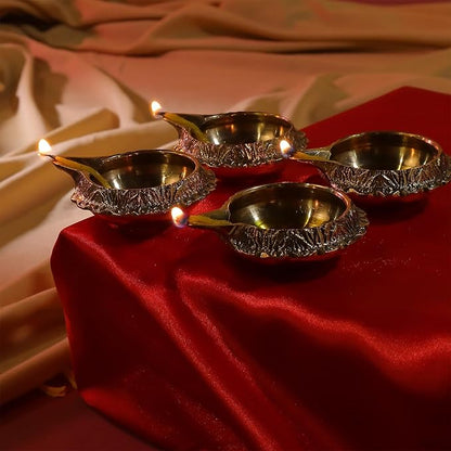 Handmade Brass Kuber Diyas Set of 4 – Gold Finish Oil Lamps for Pooja & Decor