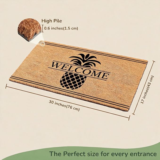 Coco Coir Door Mat Outside Entrance Pineapple Welcome Print, 30x17 inches
