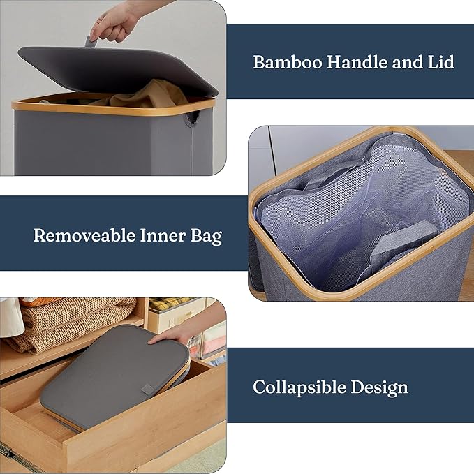 India wholesale co 85L Slim Foldable Laundry Hamper with Lid, gray