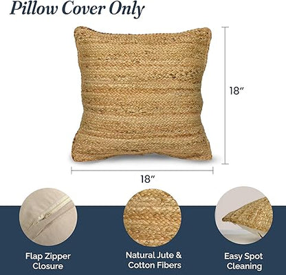 Jute Braided Decorative Pillow Cover, 18 x 18 inch, Natural - India Wholesale Co.