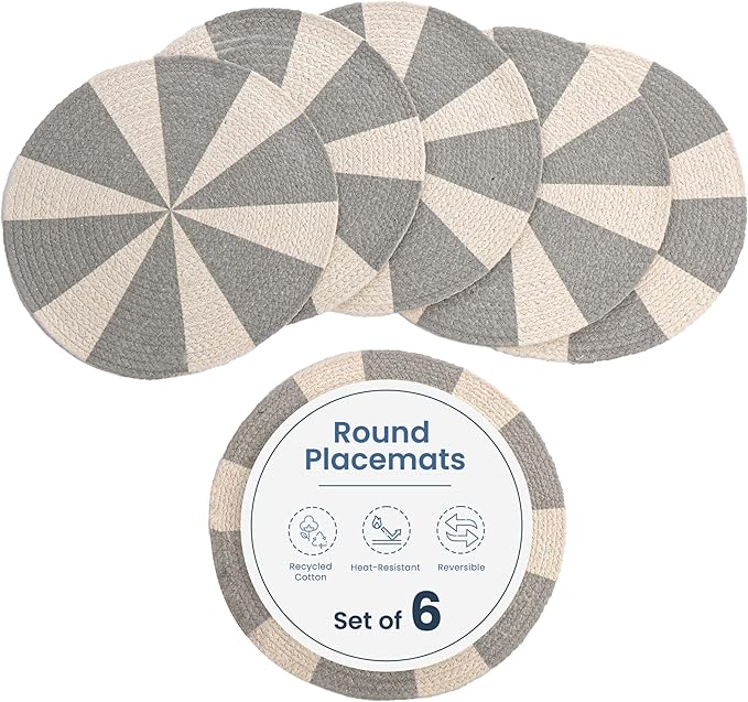Grey Pinwheel Printed Braided Placemat Set of 6- Recycle Cotton