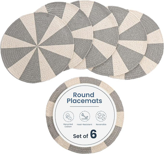 Grey Pinwheel Printed Braided Placemat Set of 6- Recycle Cotton