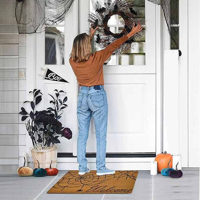 Coir Mat Spider Web Design- 17X30" - Beige and Black - India Wholesale Co.