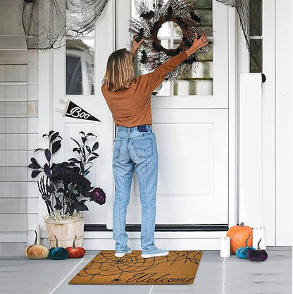 Coir Mat Spider Web Design- 17X30" - Beige and Black - India Wholesale Co.