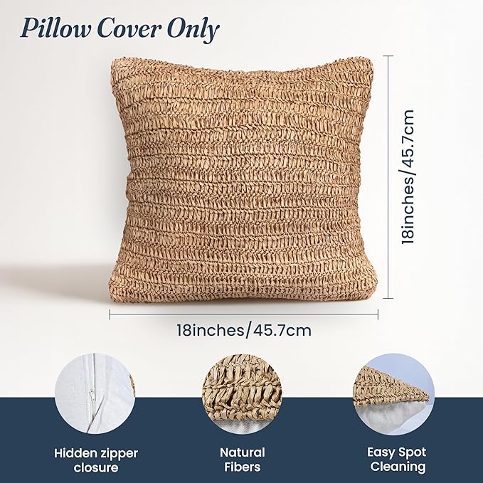 Rustic Raffia Handwoven Pillow Cover 18x18 inches – Boho Decorative Cushion