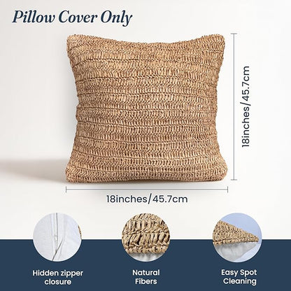Rustic Raffia Handwoven Pillow Cover 18x18 inches – Boho Decorative Cushion