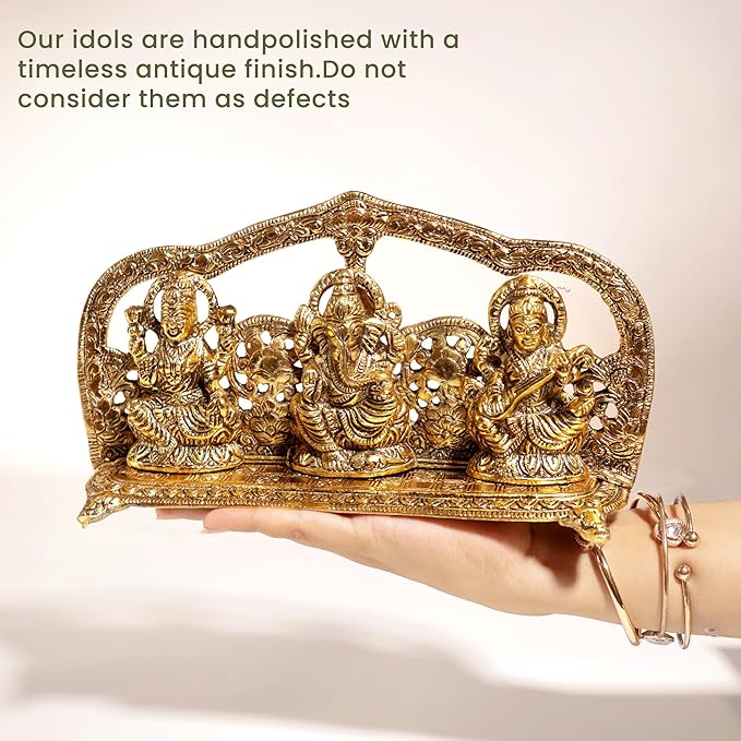 Laxmi Ganesh Saraswati Idol, handcrafted in Antique Gold finish, Set of 1 - India Wholesale Co.