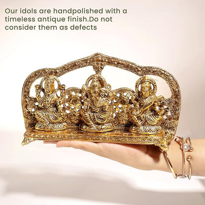 Laxmi Ganesh Saraswati Idol, handcrafted in Antique Gold finish, Set of 1 - India Wholesale Co.