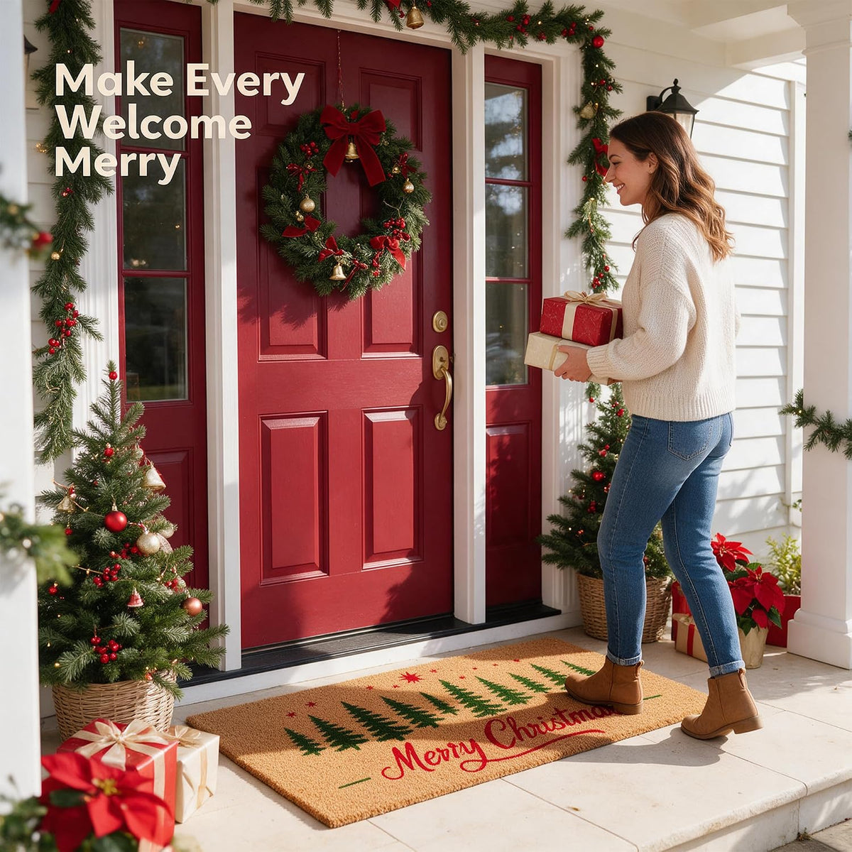 Merry Christmas Door mats Outdoor Entrance, Tree Design, 47x22 inches