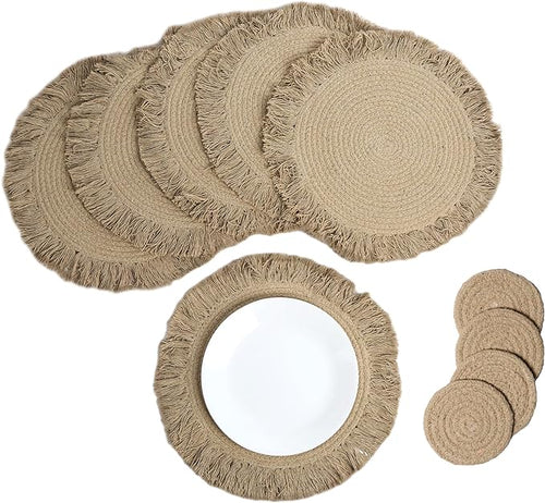 Beige Braided Solid Placemat with fringes-set of 6 (13