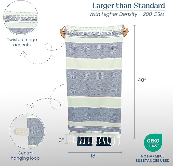 Set of 2 Diamond weave Waffle Stripe Turkish Towel with Twisted Tassels, 18" x 40", 100% Fresh cotton, Blue & Gray - India Wholesale Co.