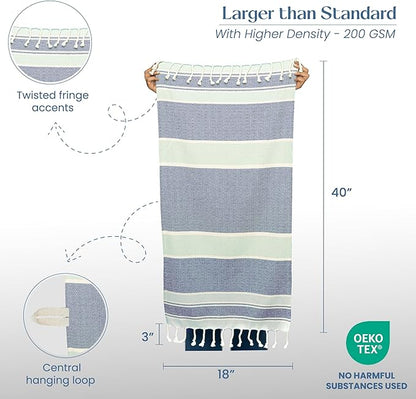 Set of 2 Diamond weave Waffle Stripe Turkish Towel with Twisted Tassels, 18" x 40", 100% Fresh cotton, Blue & Gray - India Wholesale Co.