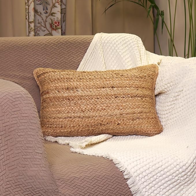 Handwoven Jute Pillow Cover 20x12” – Boho Natural Decor