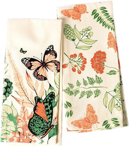 Set of 2 Butterfly Printed Kitchen Towel, 18" x28", 100% Fresh cotton, Red & Green - India Wholesale Co.