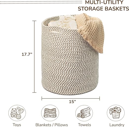 Cotton Basket, Cotton, 15x15x17.7, White & Gray- Melange