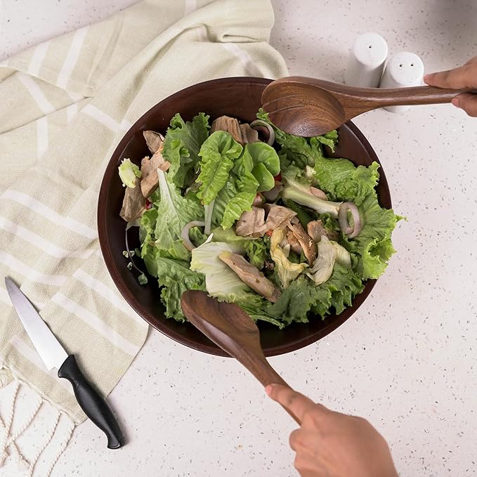Acacia Salad Servers, 11 Inches Wooden Spoon, Handcrafted Kitchen Utensils for Mixing, Tossing, Cooking (Walnut) - India Wholesale Co.