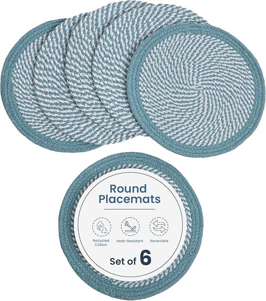 Melange Blue & White  Braided Placemats set of 6 (3 pcs full melange+3 pcs with solid border) - Recycle Cotton