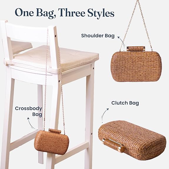 Handwoven Straw Clutch Purse with Chains, 7.5x5 inch