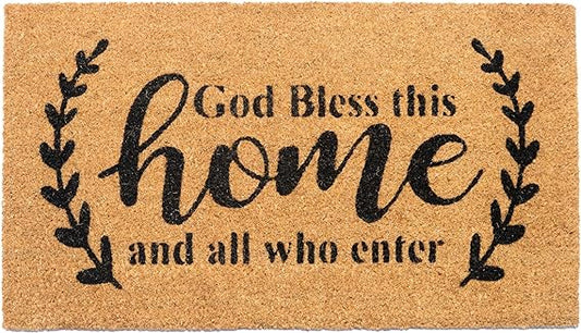 Coir Mats God Bless this Home Print-17X30" -Beige/Black