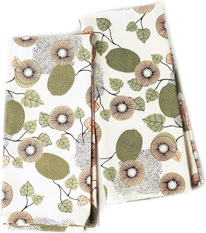 Set of 2 Kiwi Printed Kitchen Towel 18" x28", 100% Fresh cotton, Sage & Peach