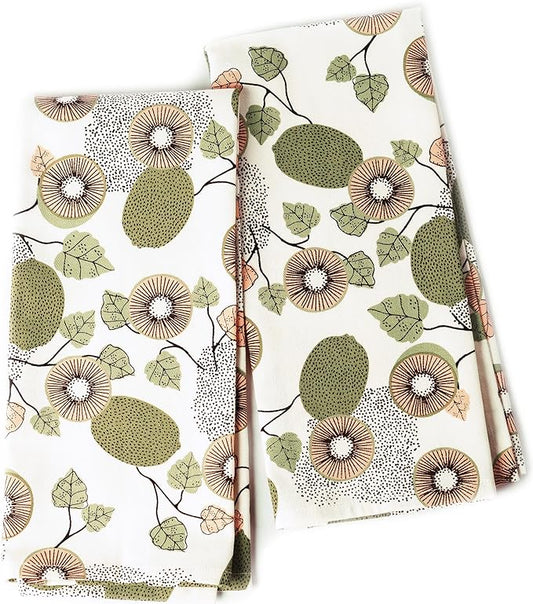Set of 2 Kiwi Printed Kitchen Towel 18" x28", 100% Fresh cotton, Sage & Peach - India Wholesale Co.