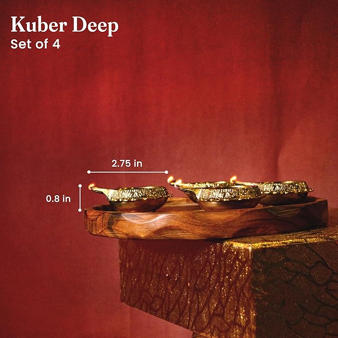 Handmade Brass Kuber Diyas Set of 4 – Gold Finish Oil Lamps for Pooja & Decor