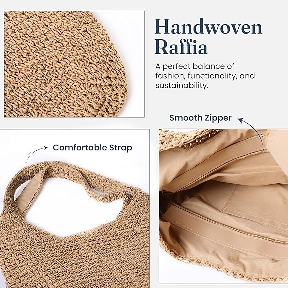 India Wholesale Large Boho Straw Tote Bag with Zipper, 16x12.5 inch