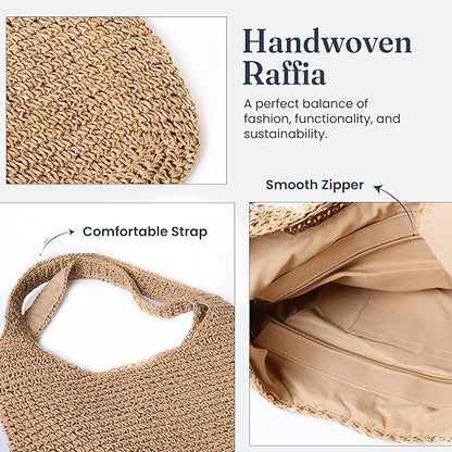 India Wholesale Large Boho Straw Tote Bag with Zipper, 16x12.5 inch