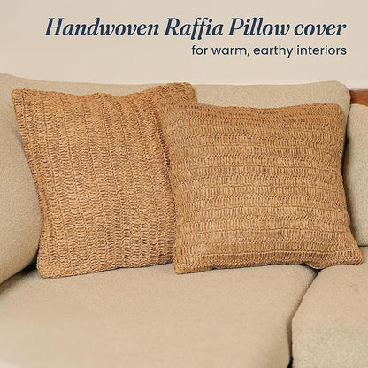 Rustic Raffia Handwoven Pillow Cover 18x18 inches – Boho Decorative Cushion
