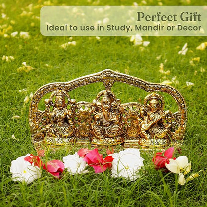 Laxmi Ganesh Saraswati Idol, handcrafted in Antique Gold finish, Set of 1 - India Wholesale Co.