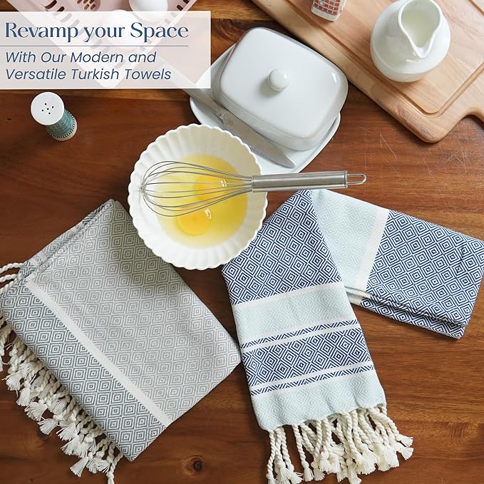 Set of 2 Diamond weave Waffle Stripe Turkish Towel with Twisted Tassels, 18" x 40", 100% Fresh cotton, Blue & Gray - India Wholesale Co.