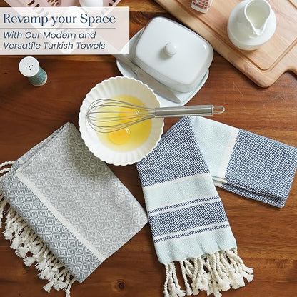 Set of 2 Diamond weave Waffle Stripe Turkish Towel with Twisted Tassels, 18" x 40", 100% Fresh cotton, Blue & Gray - India Wholesale Co.