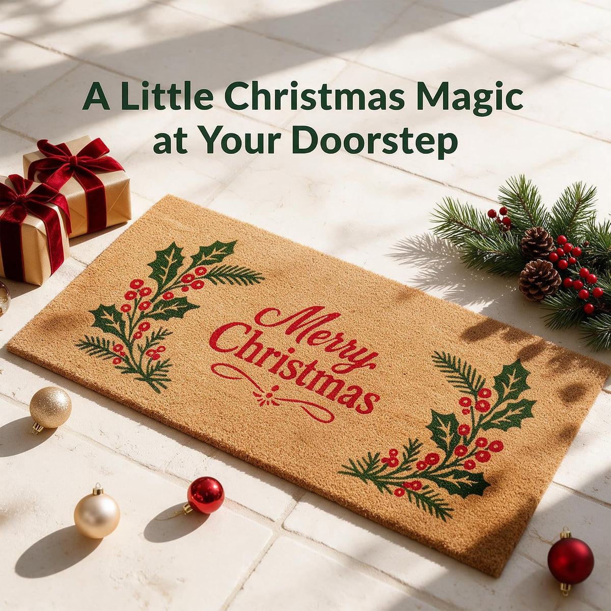 Merry Christmas Door mats Outdoor Entrance, Misltoe Design, 22x47 inches