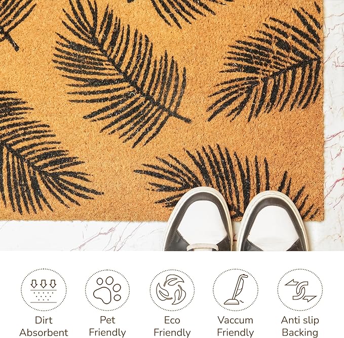 Coir Mats Tropical Leaf Print-17X30" - Beige/Black