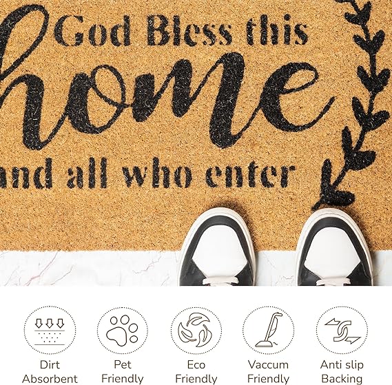 Coir Mats God Bless this Home Print-17X30" -Beige/Black