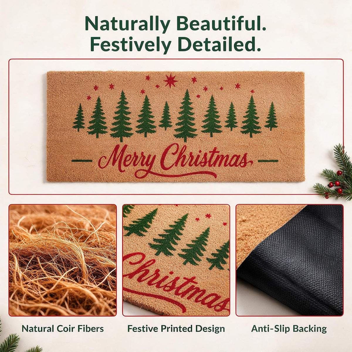 Merry Christmas Door mats Outdoor Entrance, Tree Design, 47x22 inches
