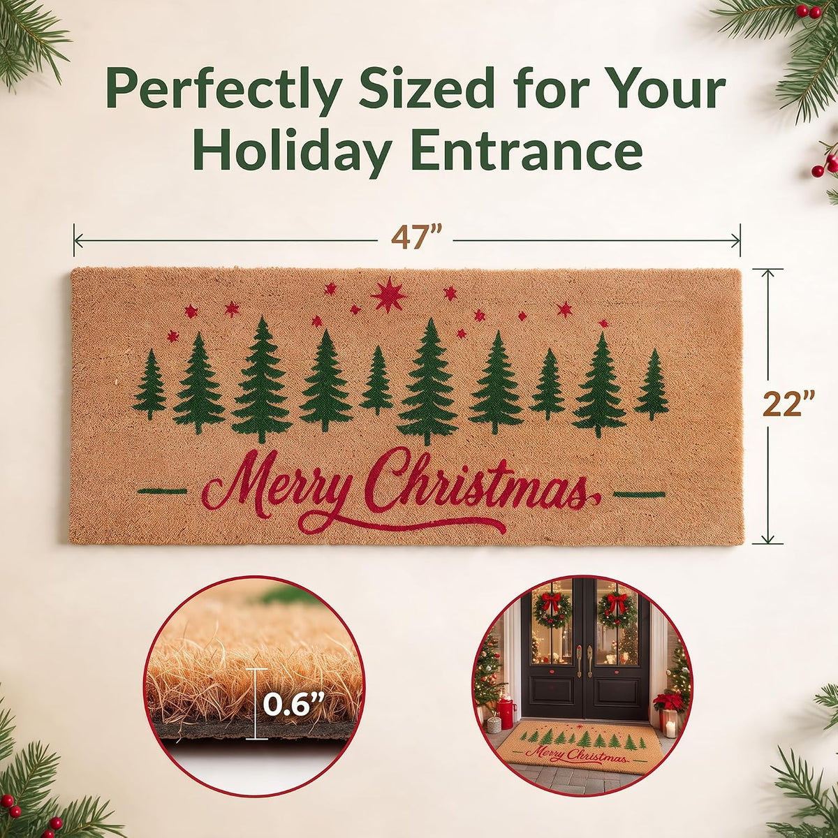 Merry Christmas Door mats Outdoor Entrance, Tree Design, 47x22 inches