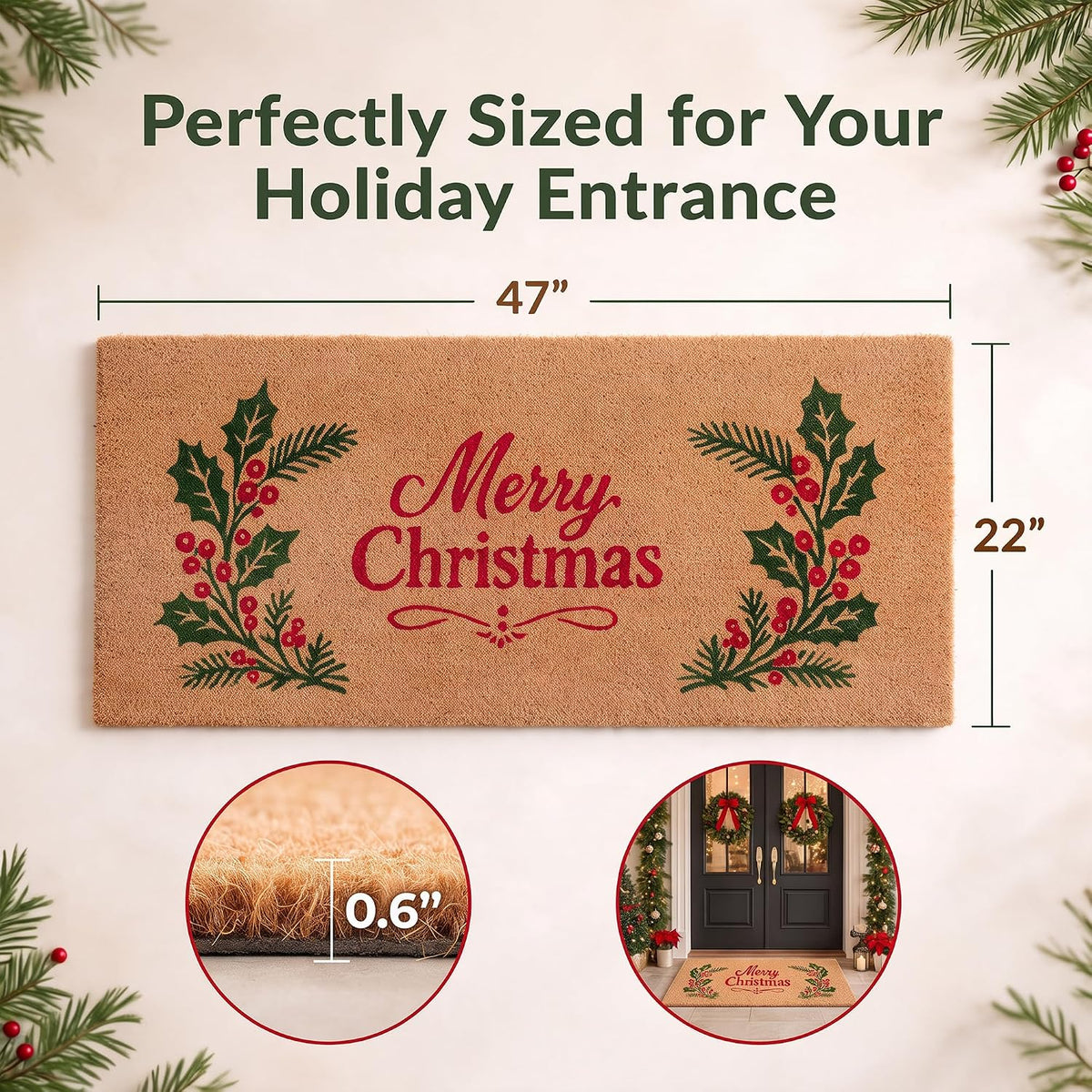 Merry Christmas Door mats Outdoor Entrance, Misltoe Design, 22x47 inches