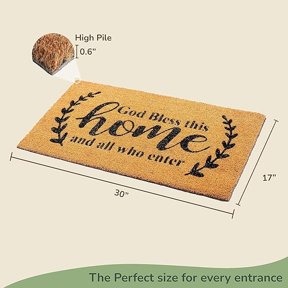 Coir Mats God Bless this Home Print-17X30" -Beige/Black