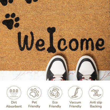 Coir Mats Animals Welcome with Paws print 17X30" Beige/Black