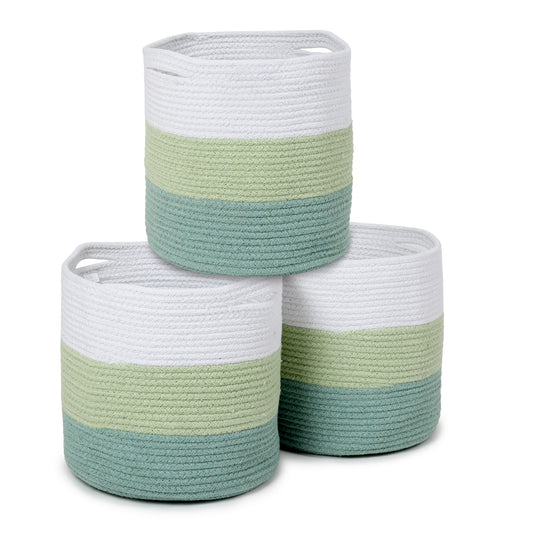 Cotton Basket Set of 3 Green and White 11x11x11"