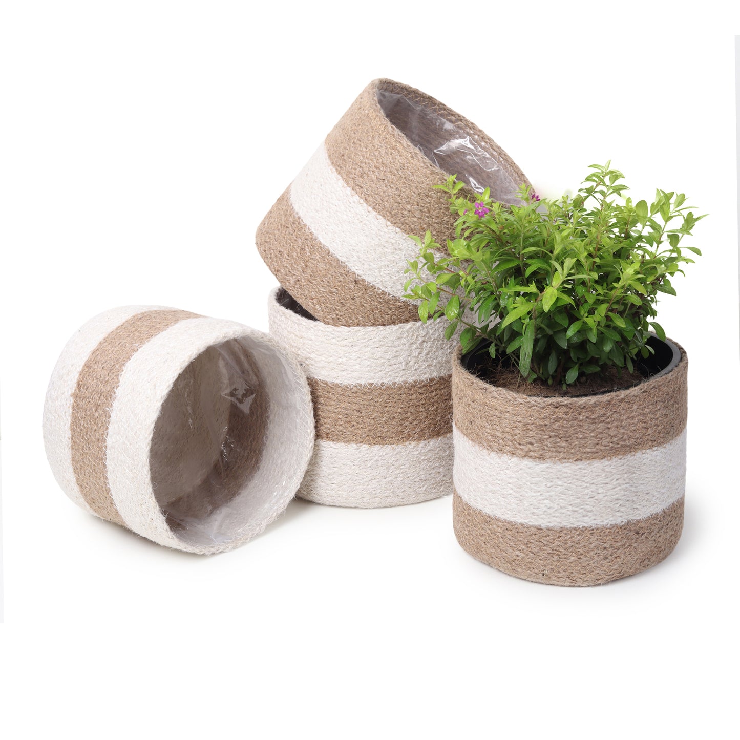 Jute Planters with Poly-Lining Set of 4 White/Natural Jute in 2 patterns X2 6.5x6.5x6"